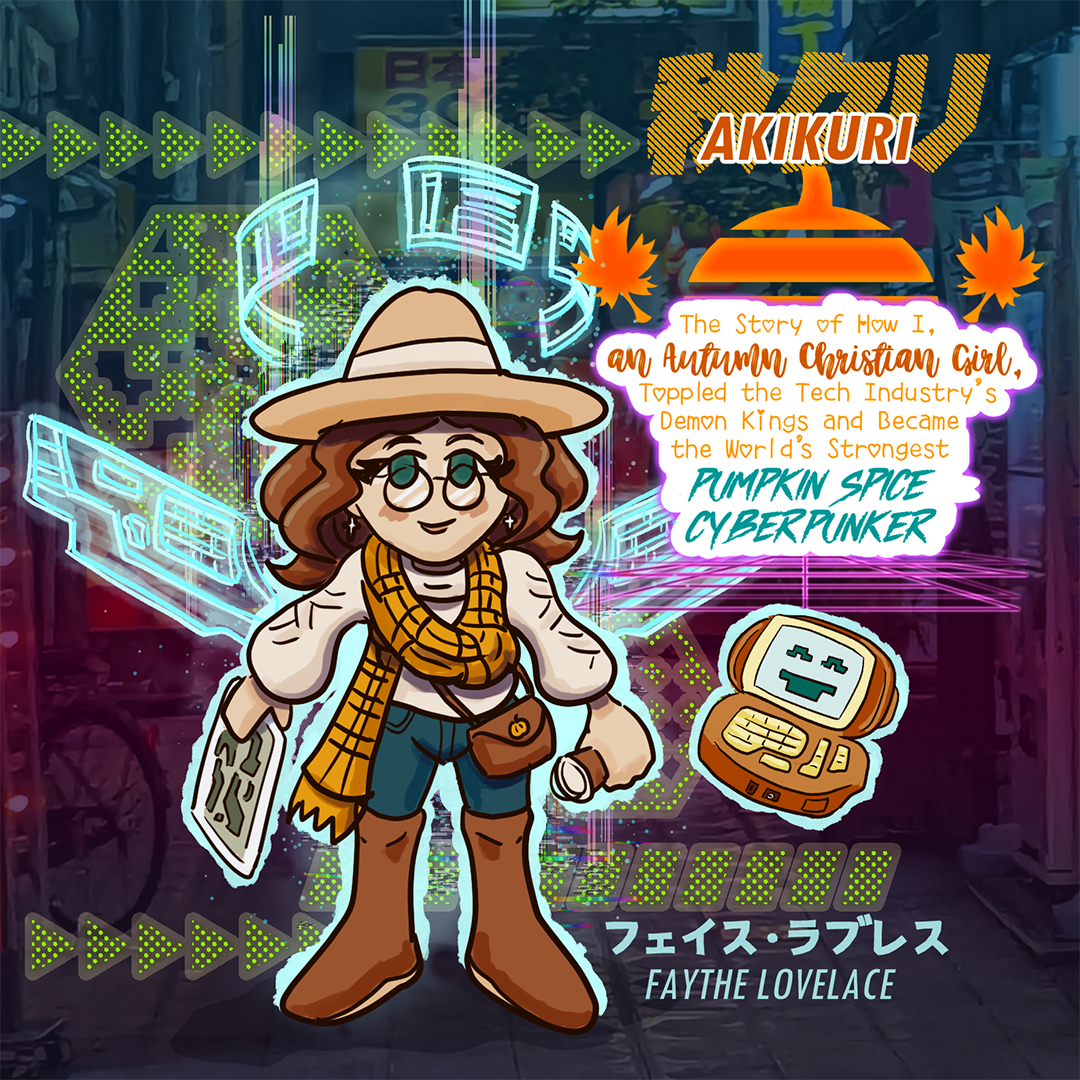 Faythe Lovelace — AkiKuri key art: an autumn-dressed Christian girl wearing a tan hat, yellow scarf, cream-colored sweater, blue jeans, brown knee-high boots, and glasses surrounded by angelic neon cyberpunk holograms